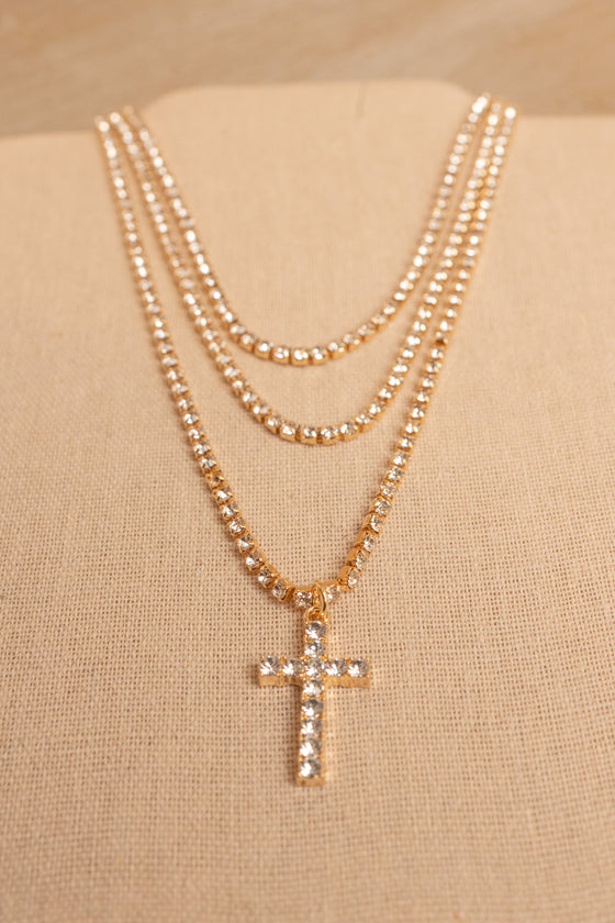 Cross Triple Rhinestone Necklace